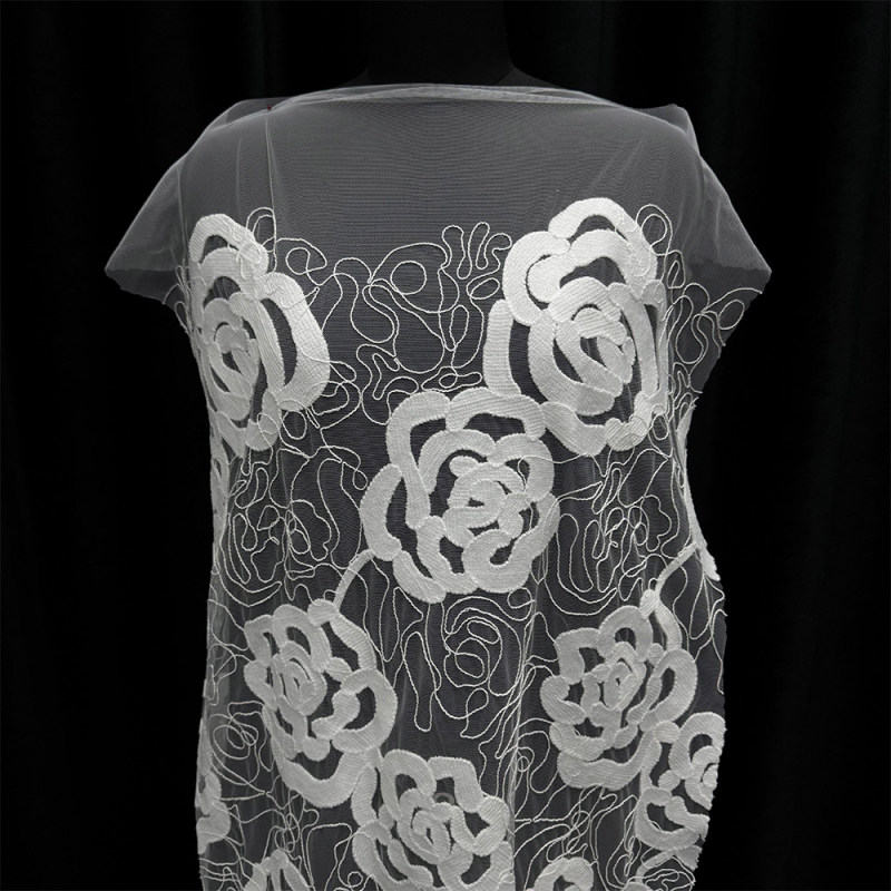 GCW-ASC100323 | Bold Ribbon Embroidered Rose Tulle Lace | 3D Abstract Floral Bridal Fabric